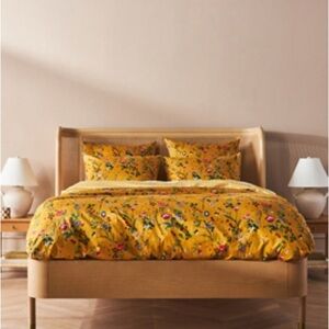 Anthropologie Organic Yellow Floral Duvet Cover and Shams